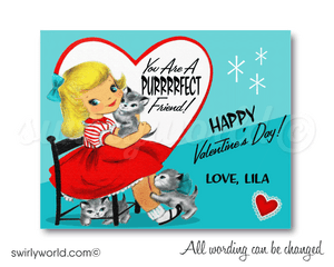 1950's vintage little girl with kittens retro Valentine's Day cards for girls school classroom.