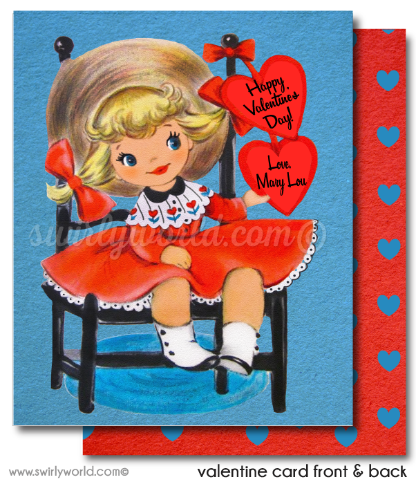 Fall in LOVE with this precious vintage 1950s kitschy little girl digital printable Valentine's Day card! 