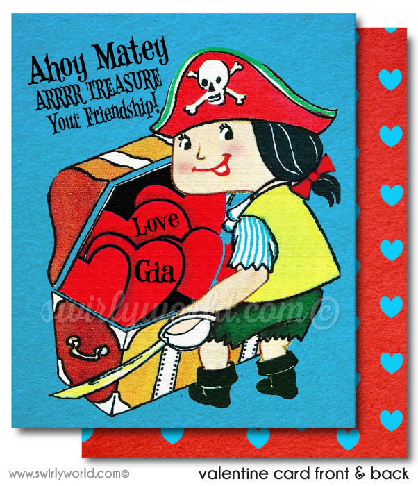 Fall in LOVE with this precious 1950s little Pirate Girl digital printable download Valentine's Day card! 