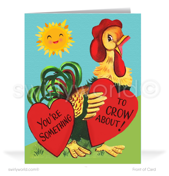 Cute retro mid-century vintage rooster old crow kitsch happy Valentine's Day cards.