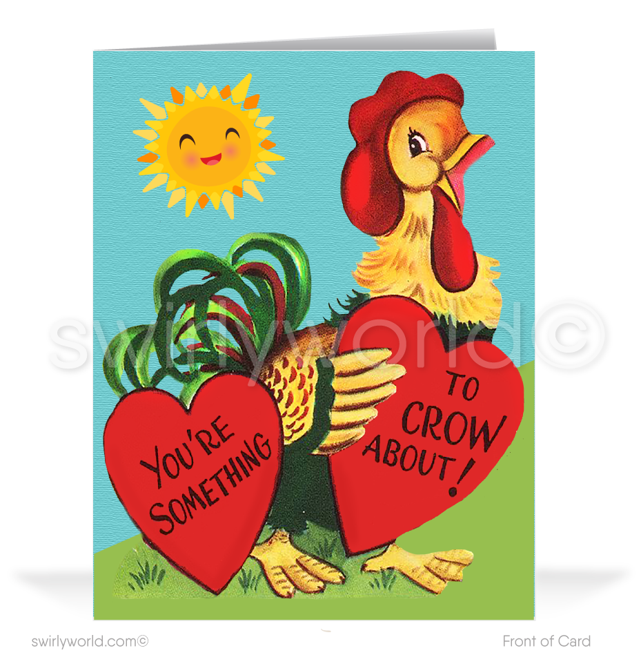 Cute retro mid-century vintage rooster old crow kitsch happy Valentine's Day cards.
