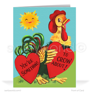 Cute retro mid-century vintage rooster old crow kitsch happy Valentine's Day cards.