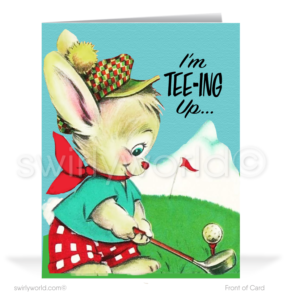 Shop 1940s-1950s kitschy Valentine’s cards! Featuring a whimsical rabbit in golf attire teeing up on a green, perfect for vintage Valentine charm.