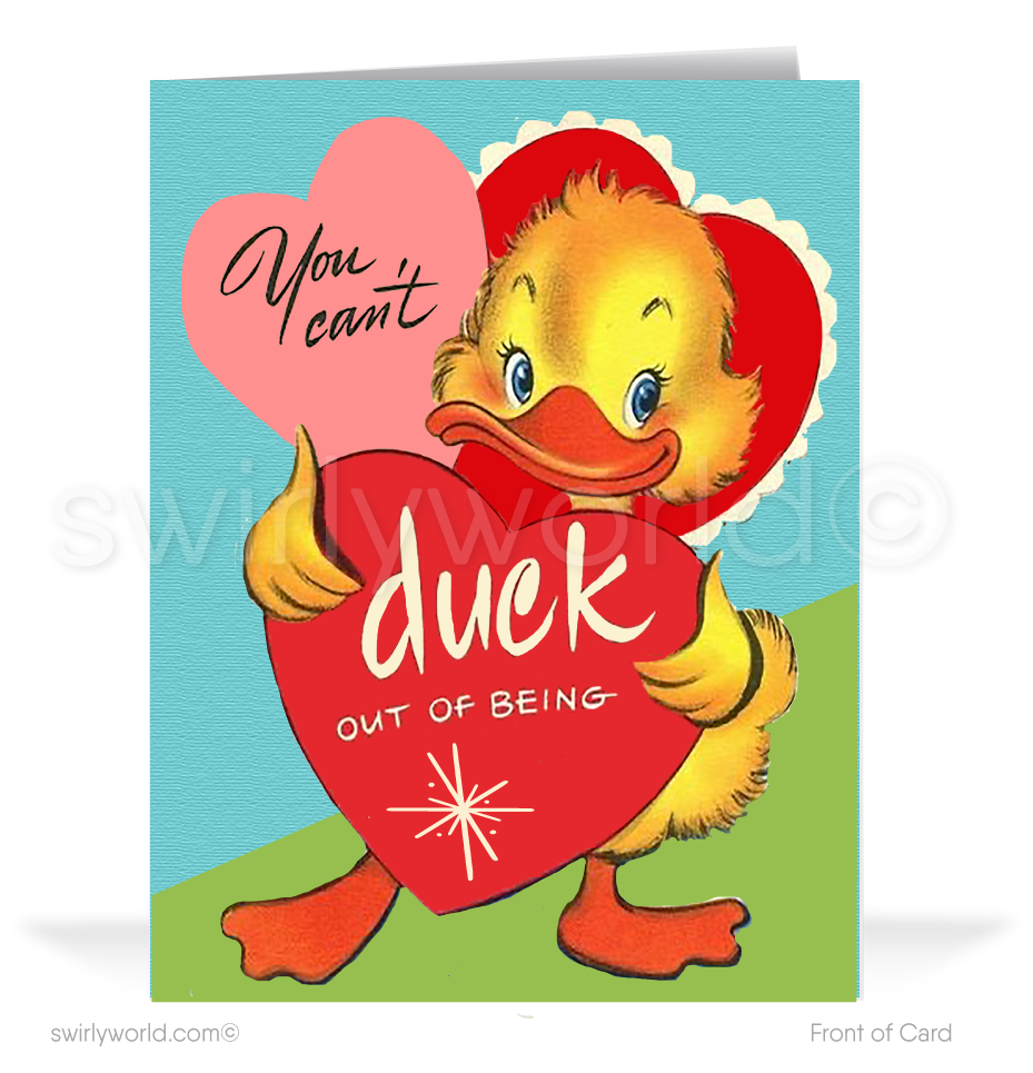 Charming 1940s-1950s Vintage-Inspired Valentine's Day Cards: Retro Duckling with Hearts