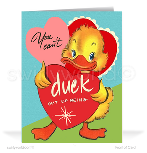 Charming 1940s-1950s Vintage-Inspired Valentine's Day Cards: Retro Duckling with Hearts