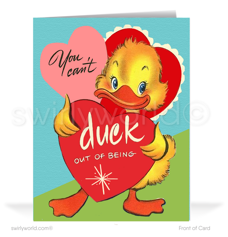 Charming 1940s-1950s Vintage-Inspired Valentine's Day Cards: Retro Duckling with Hearts