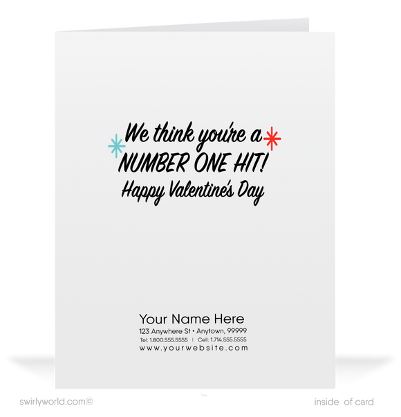 Cute retro mid-century modern vinyl record starbursts vintage happy Valentine's Day cards.