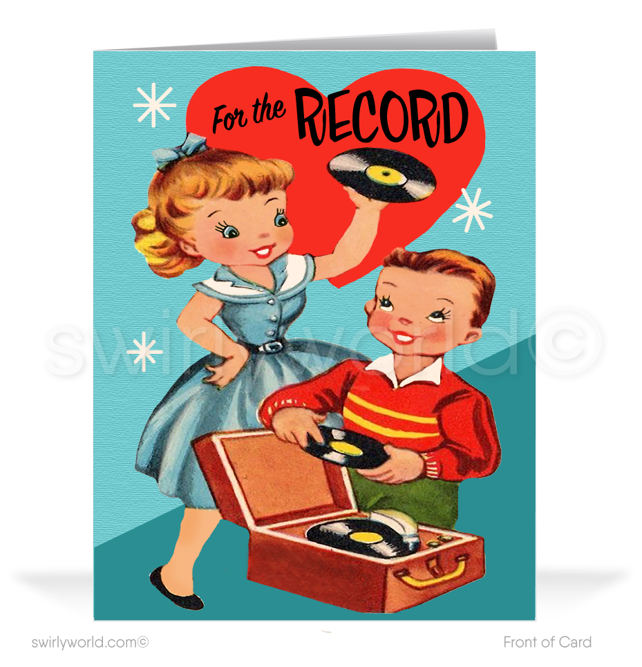 Cute retro mid-century modern vinyl record starbursts vintage happy Valentine's Day cards.