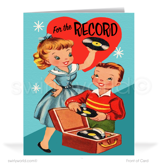 Cute retro mid-century modern vinyl record starbursts vintage happy Valentine's Day cards.