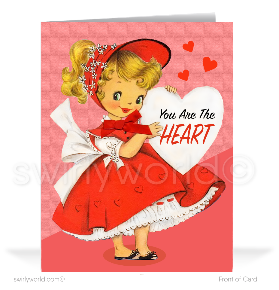 Celebrate Valentine’s Day with vintage flair! Our 1950s-inspired card features a sweet Victorian girl, retro hearts, and a charming "You Are the Heart" message.