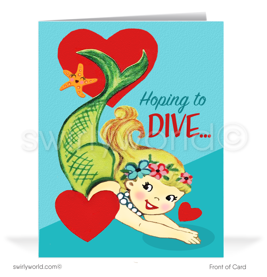 Mid-century modern vintage 1950s retro mermaid Valentine's Day cards.