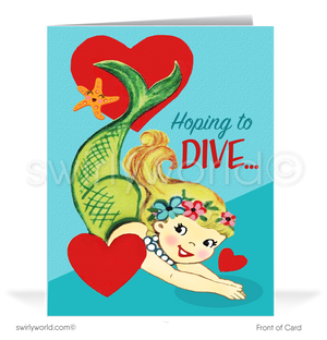 Mid-century modern vintage 1950s retro mermaid Valentine's Day cards.