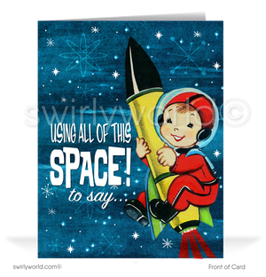 Retro mid-century starburst sputnik outer space astronaut 1950s vintage kitsch valentine's day cards.