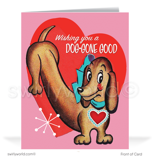 Celebrate Valentine’s Day with a vintage 1940s-50s kitschy wiener dog card! Retro charm and a playful message make it perfect for sharing joy and appreciation.