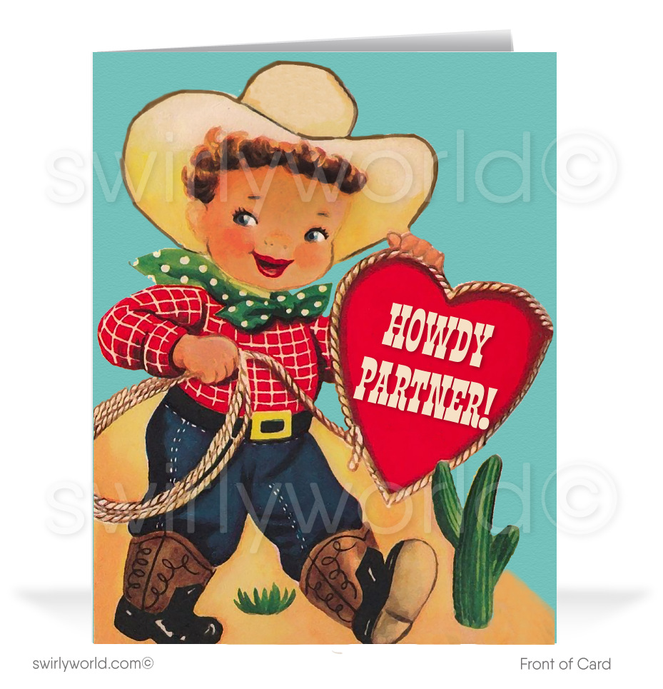 Vintage 1950s Kitschy Valentine Card – Retro Cowboy with Heart, "Howdy Partner!" Perfect for Clients, Colleagues, and Loved Ones.
