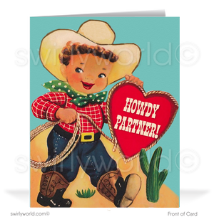 Vintage 1950s Kitschy Valentine Card – Retro Cowboy with Heart, "Howdy Partner!" Perfect for Clients, Colleagues, and Loved Ones.