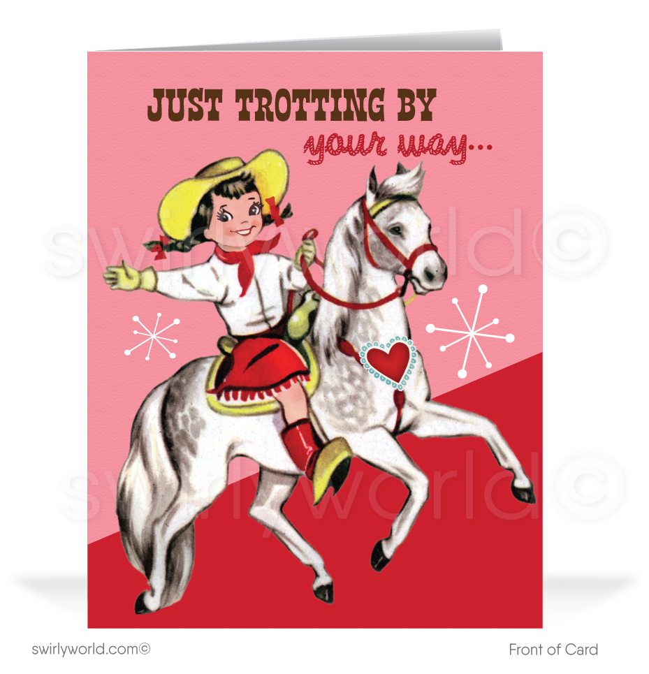 1950's Retro Western Cowgirl Vintage Mid-Century Valentine's Day Cards. Celebrate Valentine’s Day with vintage charm! Our 1950s-inspired cowgirl card features a pony, starbursts, and the sweet message, "Just Trotting By Your Way."