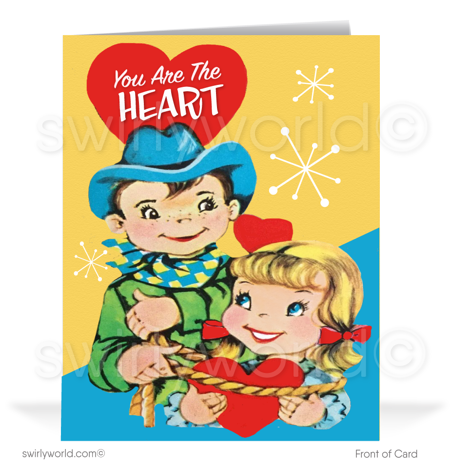 Vintage 1950s retro cowboy and cowgirl mid-century western Valentine's day cards..