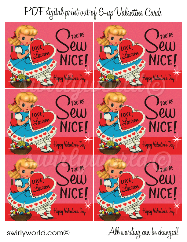 Vintage 1950's Girl Valentine's Day Card Digital Printable Download. 1950s retro vintage Sewing valentine's day cards for girls. You're Sew Nice!