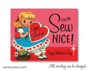 Vintage 1950's Girl Valentine's Day Card Digital Printable Download. 1950s retro vintage Sewing valentine's day cards for girls. You're Sew Nice!