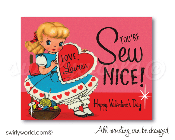 Six Retro Vintage Little Girl Digital Printable Valentine's Day Cards for  Classroom