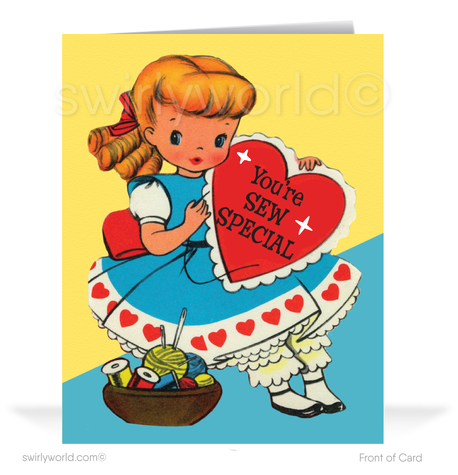 Charming 1940s-1950s Vintage-Inspired Valentine's Day Cards: Retro Girl with Sewing Kit