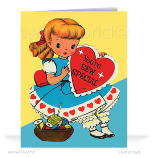 Charming 1940s-1950s Vintage-Inspired Valentine's Day Cards: Retro Girl with Sewing Kit