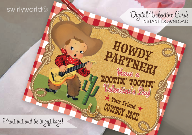 1950's retro vintage western mid-century Cowboy valentine's day cards for boys school classroom digital download.