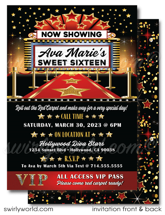 VIP Red Carpet, Star is Born, Name in Lights, Hollywood Celebrity birthday party invitations and thank you cards for instant digital download.