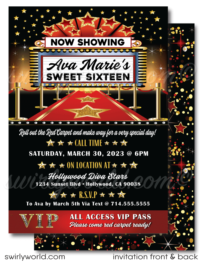Roll out the red carpet with our VIP "A Star is Born" Movie Star Themed Birthday Party Invitation Set! 🎬✨ Perfect for a Hollywood-inspired celebration, featuring luxurious designs and "Name in Lights" motifs. Includes printed invites, thank you cards, and envelopes. Make your guest of honor feel like a star! 🌟🎉