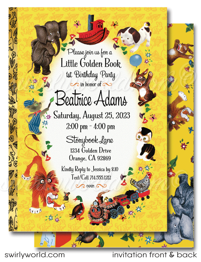 Celebrate with our Little Golden Book 1st Birthday Invitation Set! 🌟📚 Featuring the Pokey Little Puppy and Shy Little Kitten, this vintage-inspired digital download includes invitations, thank you cards, and envelopes. Perfect for a nostalgic nursery rhymes-themed party. Download, print, and enjoy! 🎉✨