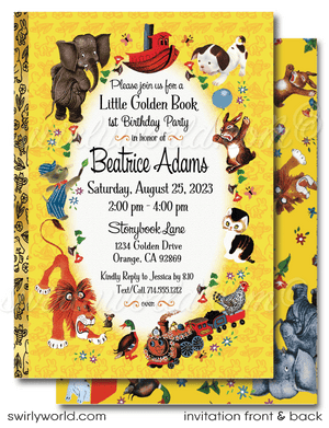 Celebrate with our Little Golden Book 1st Birthday Invitation Set! 🌟📚 Featuring the Pokey Little Puppy and Shy Little Kitten, this vintage-inspired digital download includes invitations, thank you cards, and envelopes. Perfect for a nostalgic nursery rhymes-themed party. Download, print, and enjoy! 🎉✨