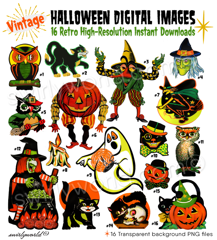 DIGITAL Vintage 1950s 1960s Retro Mod Kitsch Halloween Image Set Refurbished Digital Downloads
