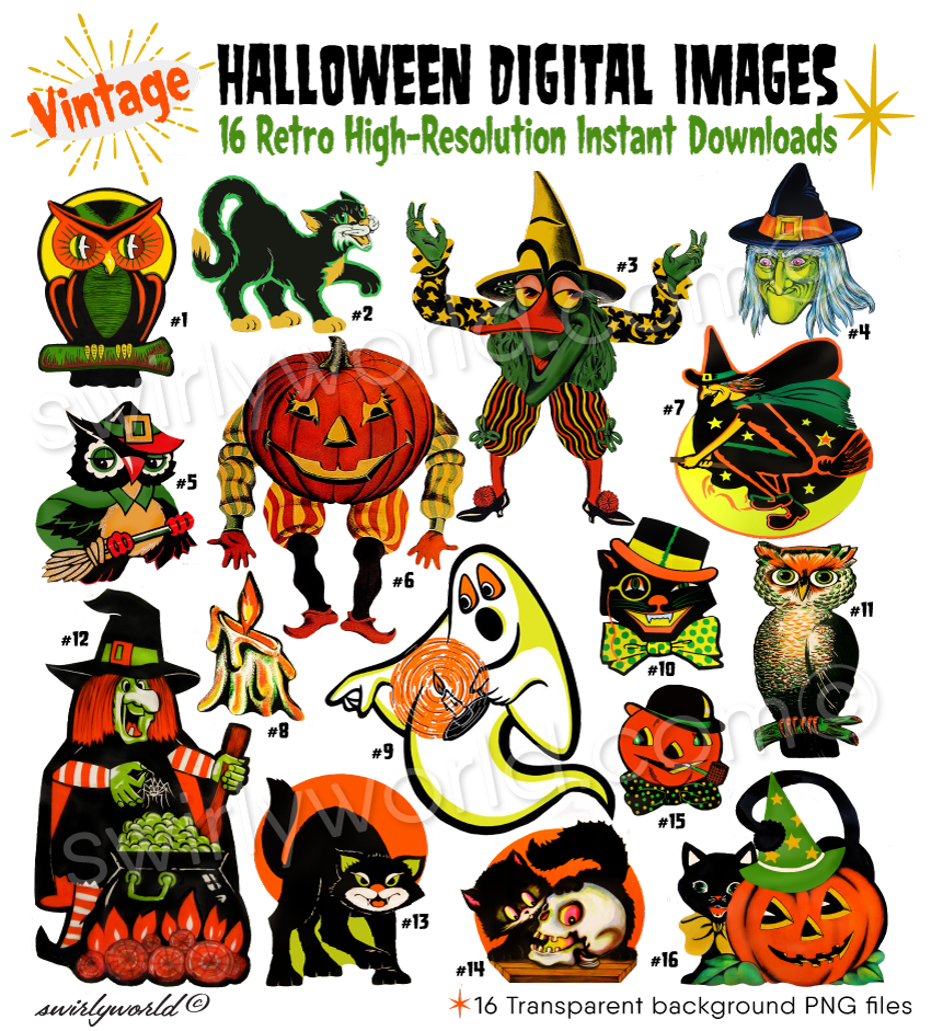 Rare Vintage 1950s 1960s Retro Mod Kitsch Halloween Image Set Refurbished Digital Downloads