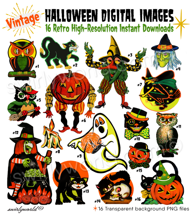 DIGITAL Vintage 1950s 1960s Retro Mod Kitsch Halloween Image Set Refurbished Digital Downloads