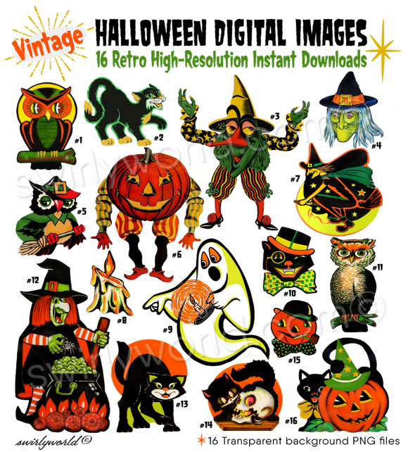 DIGITAL Vintage 1950s 1960s Retro Mod Kitsch Halloween Image Set Refurbished Digital Downloads