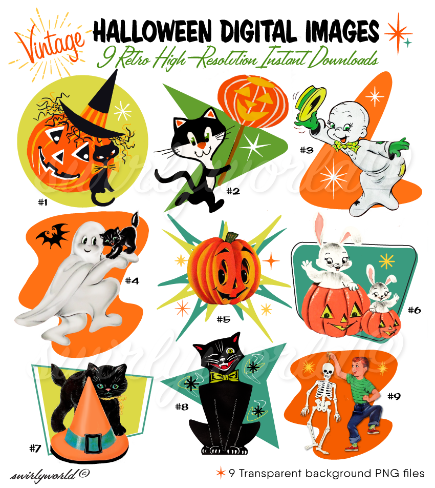 Uncover Swirly World's Spooktacular collection of rare 1950s-1960s vintage Halloween images! Featuring jack-o'-lanterns, black cats, ghosts, and more, these beautifully restored illustrations with transparent backgrounds are perfect for your retro Halloween projects. Check out our full vintage collection today!. 1950s 1960s retro atomic mid-century modern vintage Halloween images.
