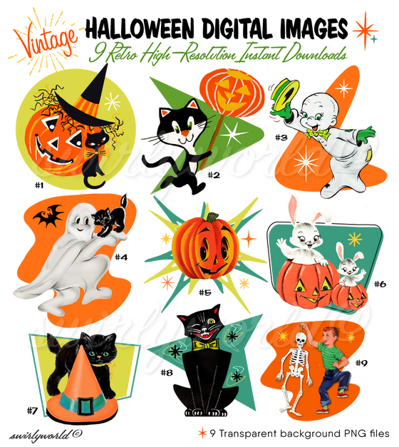Uncover Swirly World's Spooktacular collection of rare 1950s-1960s vintage Halloween images! Featuring jack-o'-lanterns, black cats, ghosts, and more, these beautifully restored illustrations with transparent backgrounds are perfect for your retro Halloween projects. Check out our full vintage collection today!. 1950s 1960s retro atomic mid-century modern vintage Halloween images.