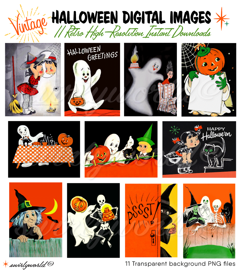 Discover Swirly World's Spooktacular collection of rare 1950s-1960s vintage Halloween greeting card images! Featuring jack-o'-lanterns, black cats, ghosts, witches, and more, these restored illustrations are perfect for your retro Halloween projects. Explore our full collection of vintage designs today!. Vintage 1950's 1960s mid-century modern retro Halloween images. Vintage Halloween cards.