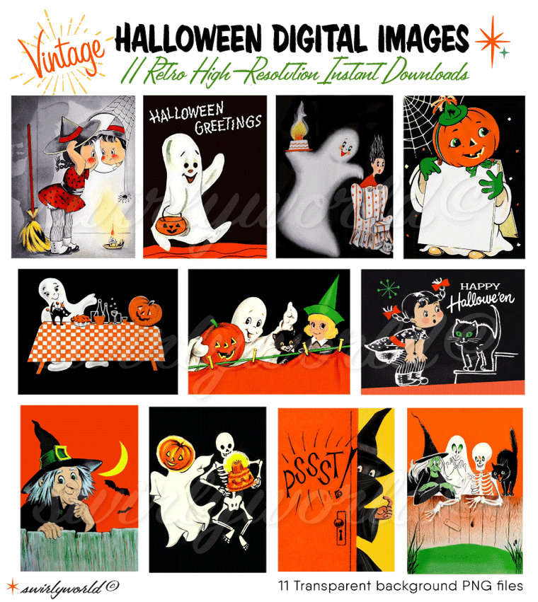 Vintage 1950's 1960s mid-century modern retro Halloween images. Vintage Halloween cards.