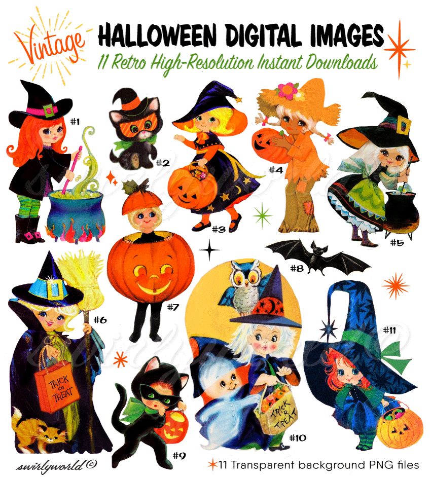 Discover Swirly World's rare collection of vintage 1950s-1970s Halloween images, featuring kitschy witches, trick-or-treaters, black cats, and bats! These Spooktacular designs have been meticulously restored with transparent backgrounds, perfect for your retro Halloween projects. Explore more vintage sets today!.
1940s 1950s 1960s vintage retro mid-century modern digital Halloween images for scrapbooking, ephemera