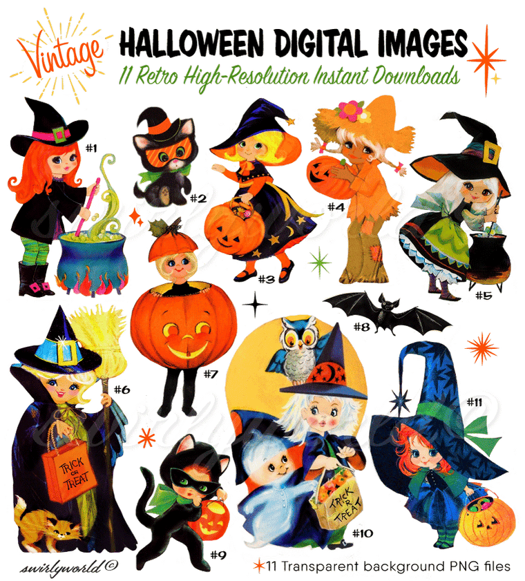 1940s 1950s 1960s vintage retro mid-century modern digital Halloween images for scrapbooking, ephemera