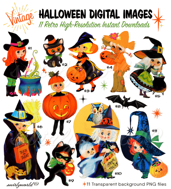 1940s 1950s 1960s vintage retro mid-century modern digital Halloween images for scrapbooking, ephemera