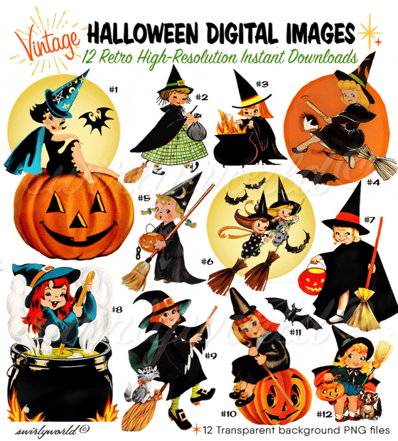 1940s 1950s 1960s vintage retro mid-century modern digital Halloween images for scrapbooking, ephemera