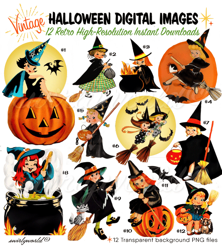 1940s 1950s 1960s vintage retro mid-century modern digital Halloween images for scrapbooking, ephemera