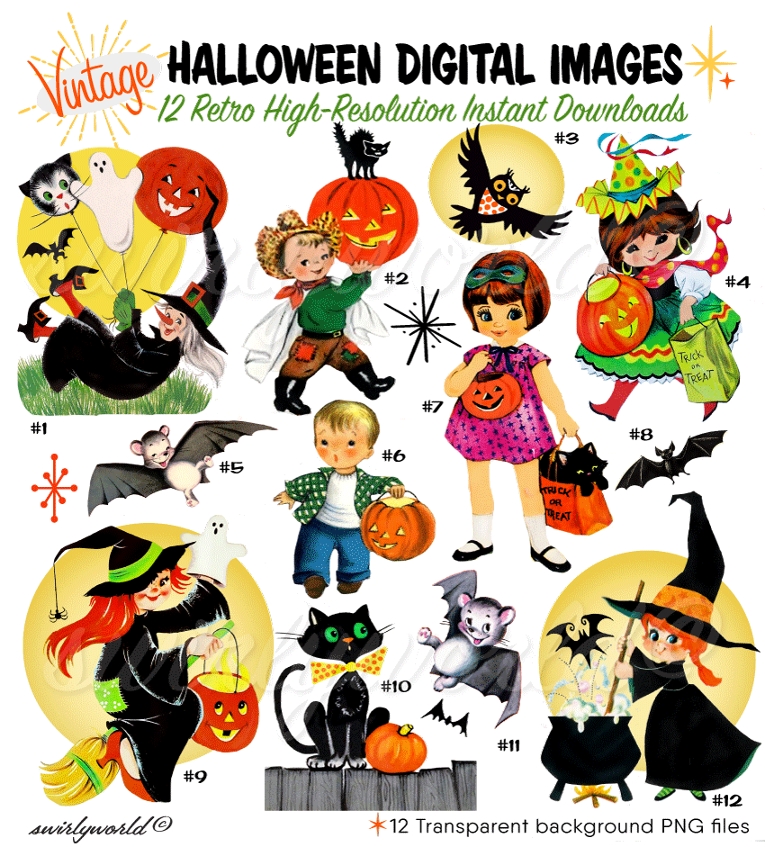1940s 1950s 1960s vintage retro mid-century modern digital Halloween images for scrapbooking, ephemera