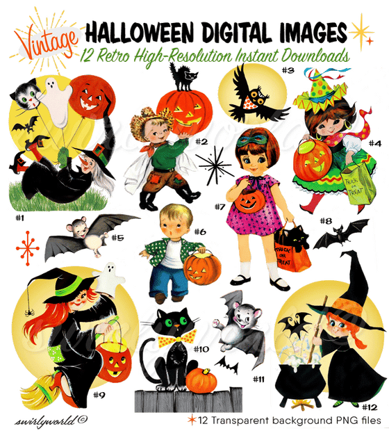 1940s 1950s 1960s vintage retro mid-century modern digital Halloween images for scrapbooking, ephemera