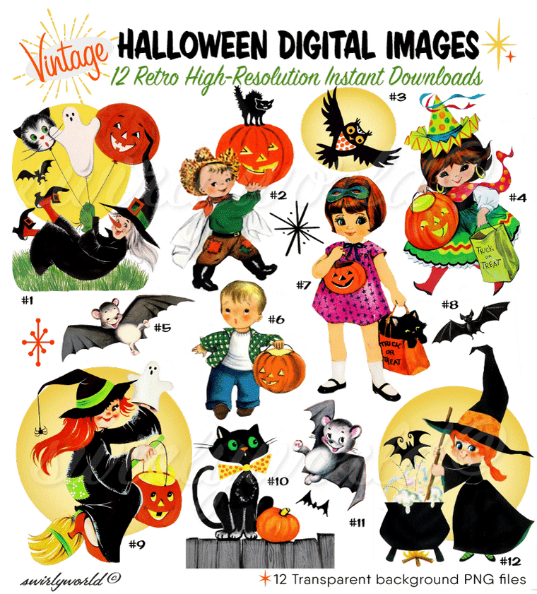 1940s 1950s 1960s vintage retro mid-century modern digital Halloween images for scrapbooking, ephemera