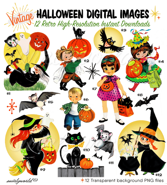 1940s 1950s 1960s vintage retro mid-century modern digital Halloween images for scrapbooking, ephemera