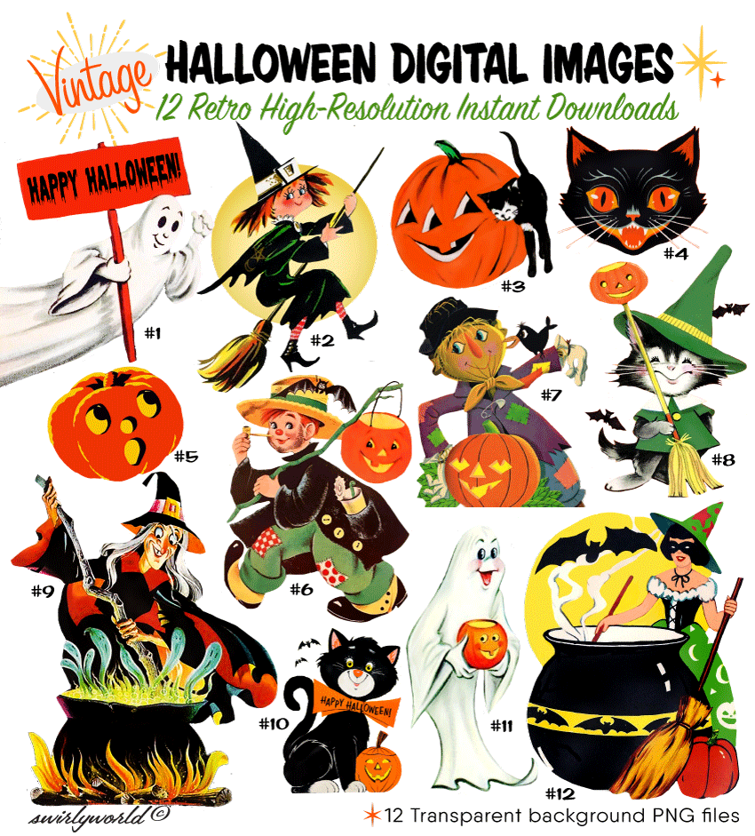 Discover Swirly World's Spooktacular collection of rare 1940s-1960s Halloween images, featuring playful witches, trick-or-treaters, scarecrows, and more! These meticulously restored designs with transparent backgrounds are perfect for your retro Halloween projects. Explore more vintage sets today!. 
1940s 1950s 1960s vintage retro mid-century modern digital Halloween images for scrapbooking, ephemera